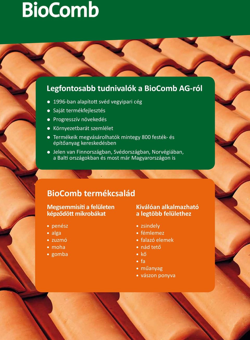 Svédországban, Norvégiában, a Balti országokban és most már Magyarországon is BioComb termékcsalád Megsemmisíti a felületen képződött