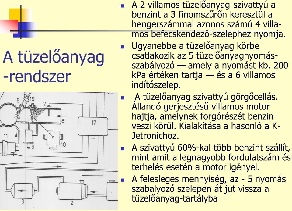 A tüzelőanyag szivattyú görgőcellás. Állandó gerjesztésű villamos motor hajtja, amelynek forgórészét benzin veszi körül. Kialakítása a hasonló a K- Jetronichoz.
