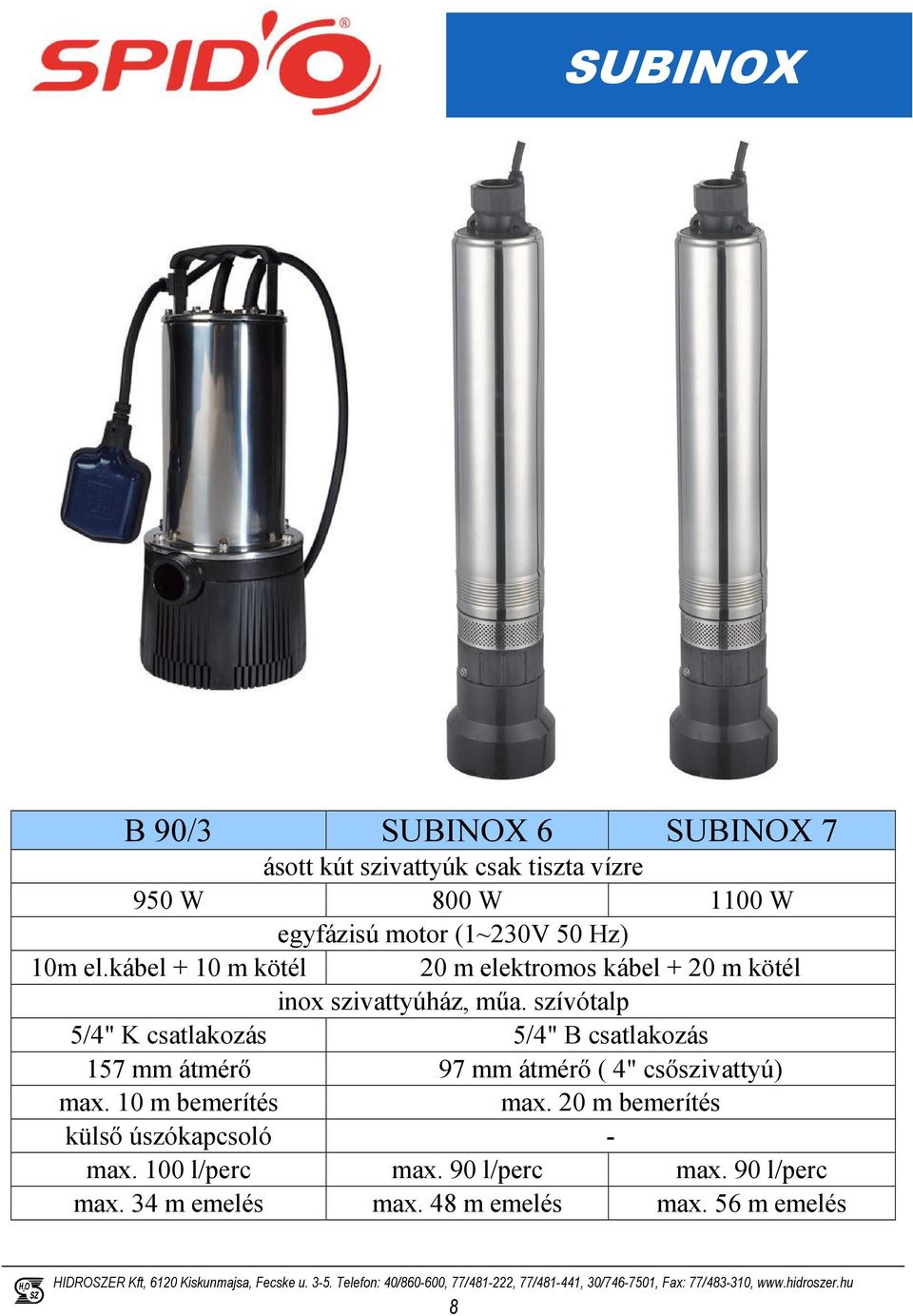 szívótalp 5/4" K csatlakozás 5/4" B csatlakozás 157 mm átmérı 97 mm átmérı ( 4" csıszivattyú) max.