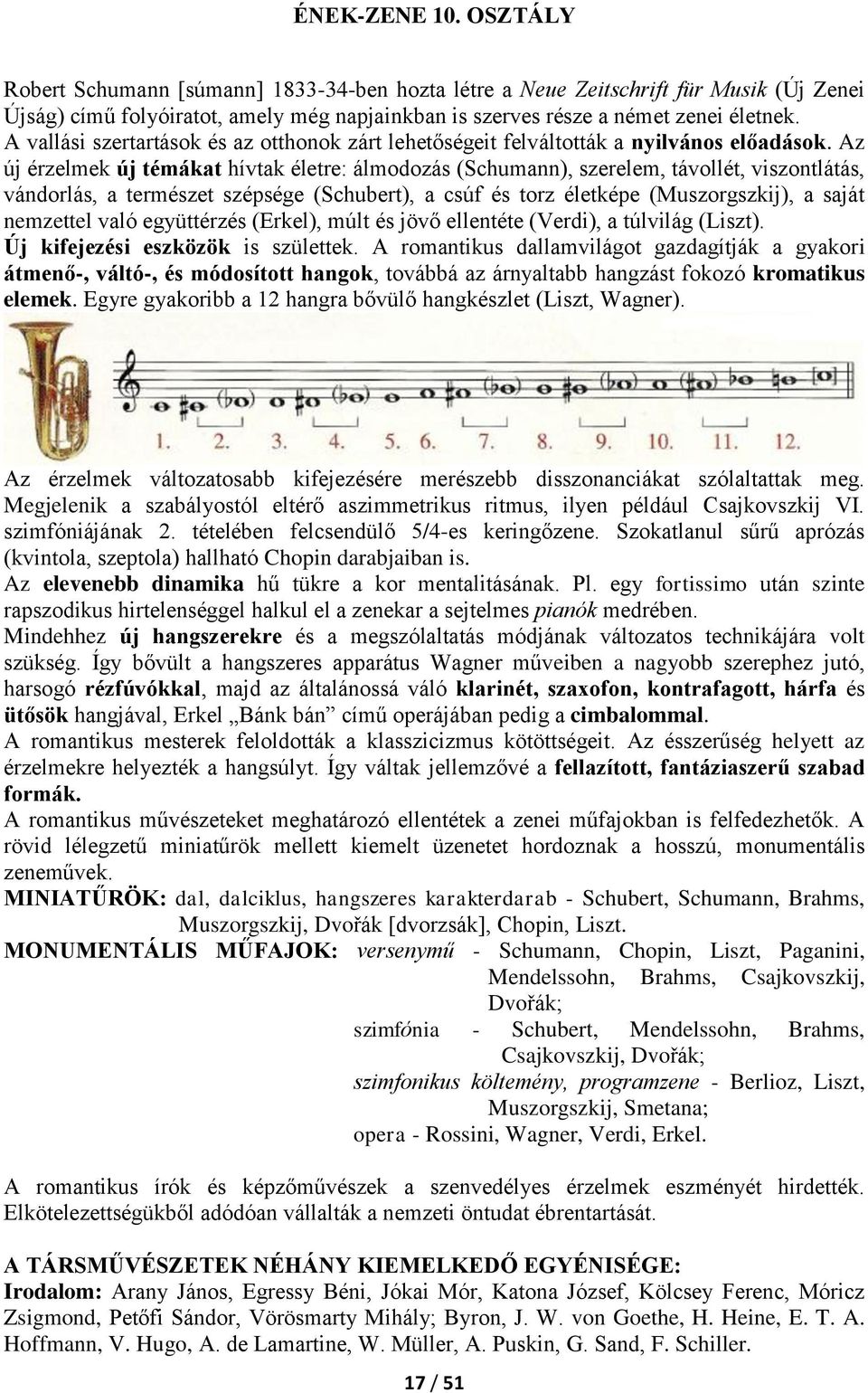 Az új érzelmek új témákat hívtak életre: álmodozás (Schumann), szerelem, távollét, viszontlátás, vándorlás, a természet szépsége (Schubert), a csúf és torz életképe (Muszorgszkij), a saját nemzettel