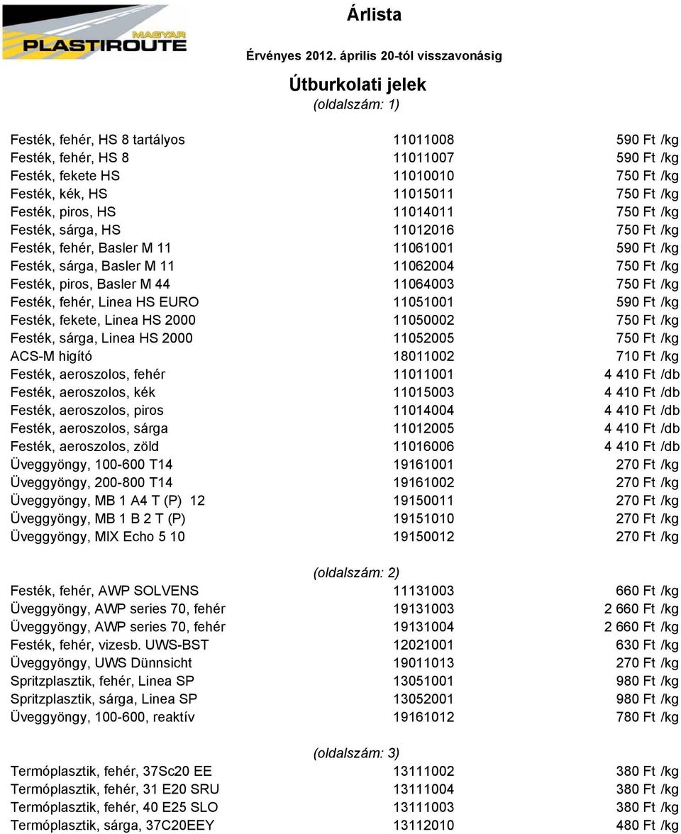 Árlista. Útburkolati jelek (oldalszám: 1) - PDF Ingyenes letöltés