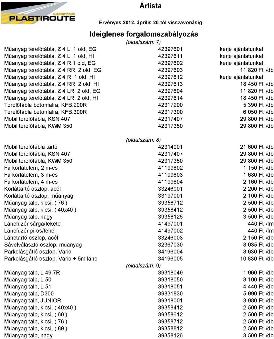 Árlista. Útburkolati jelek (oldalszám: 1) - PDF Ingyenes letöltés