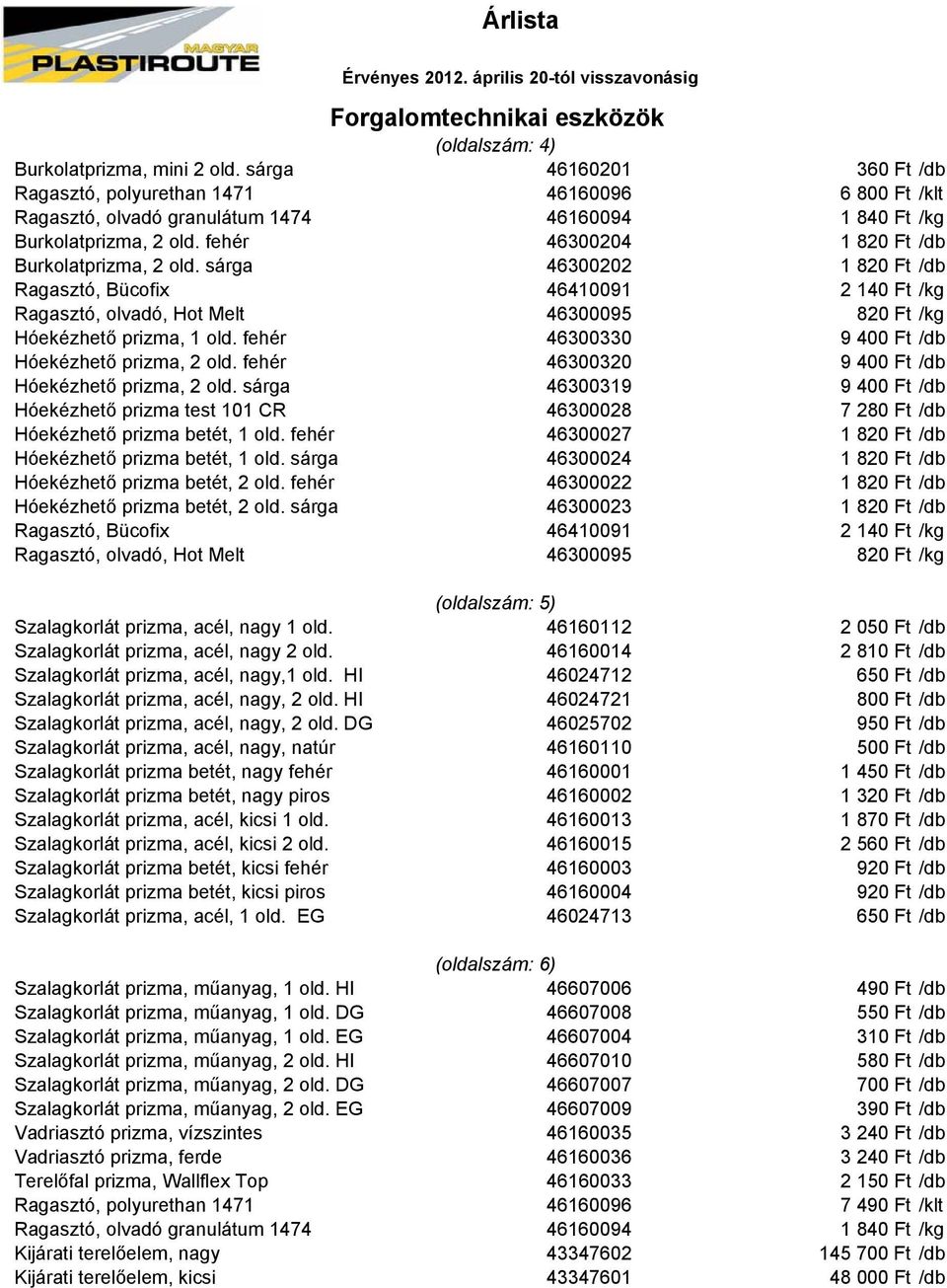 Árlista. Útburkolati jelek (oldalszám: 1) - PDF Ingyenes letöltés