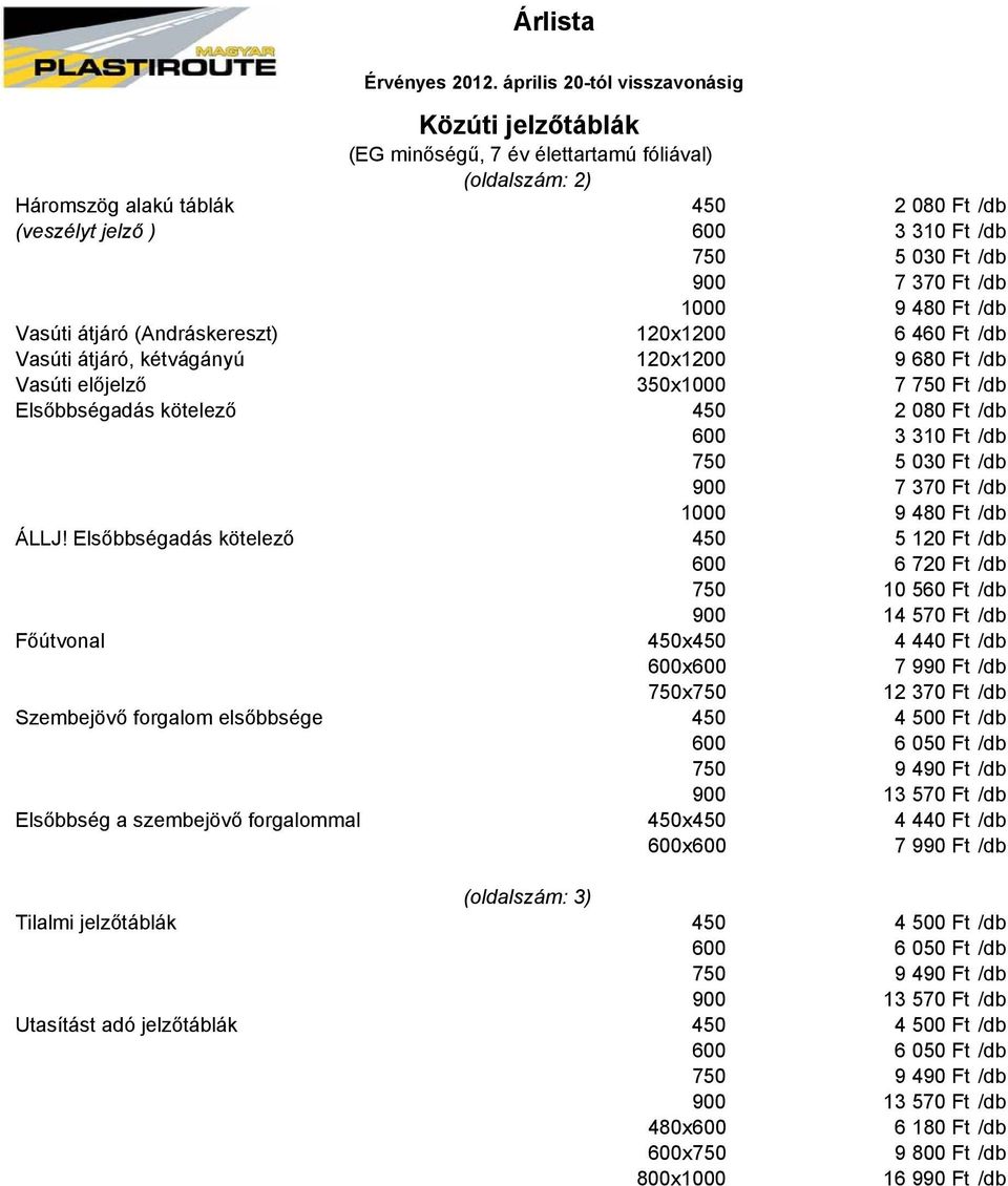 Árlista. Útburkolati jelek (oldalszám: 1) - PDF Ingyenes letöltés