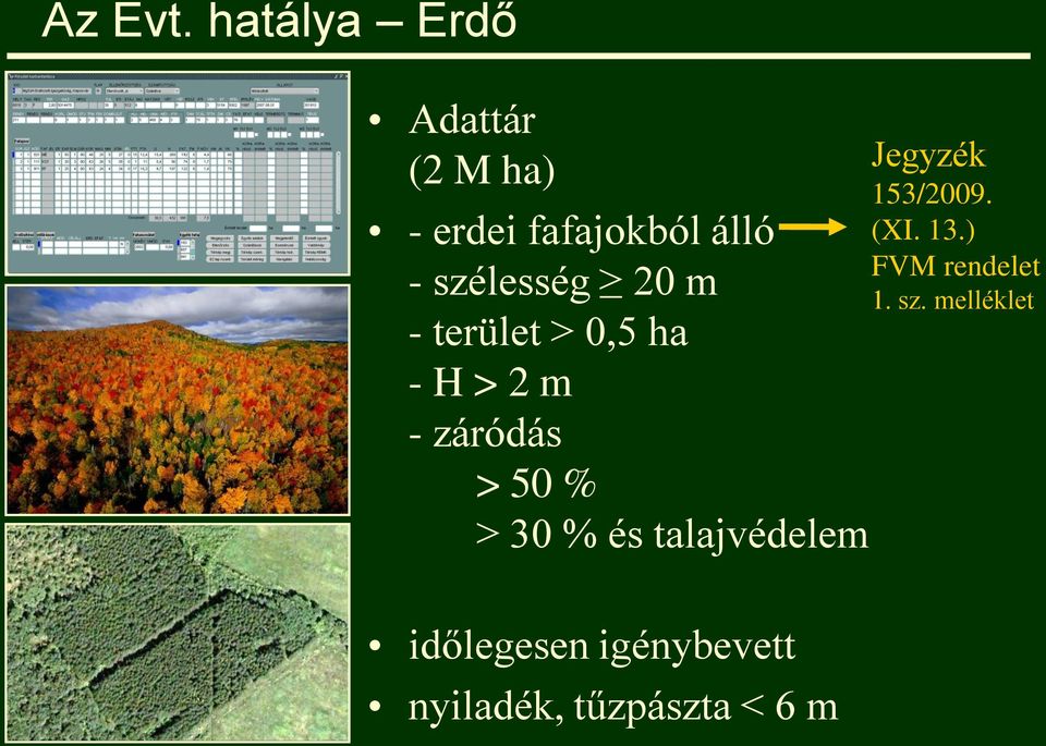 szélesség 20 m - terület > 0,5 ha - H > 2 m - záródás > 50 % >