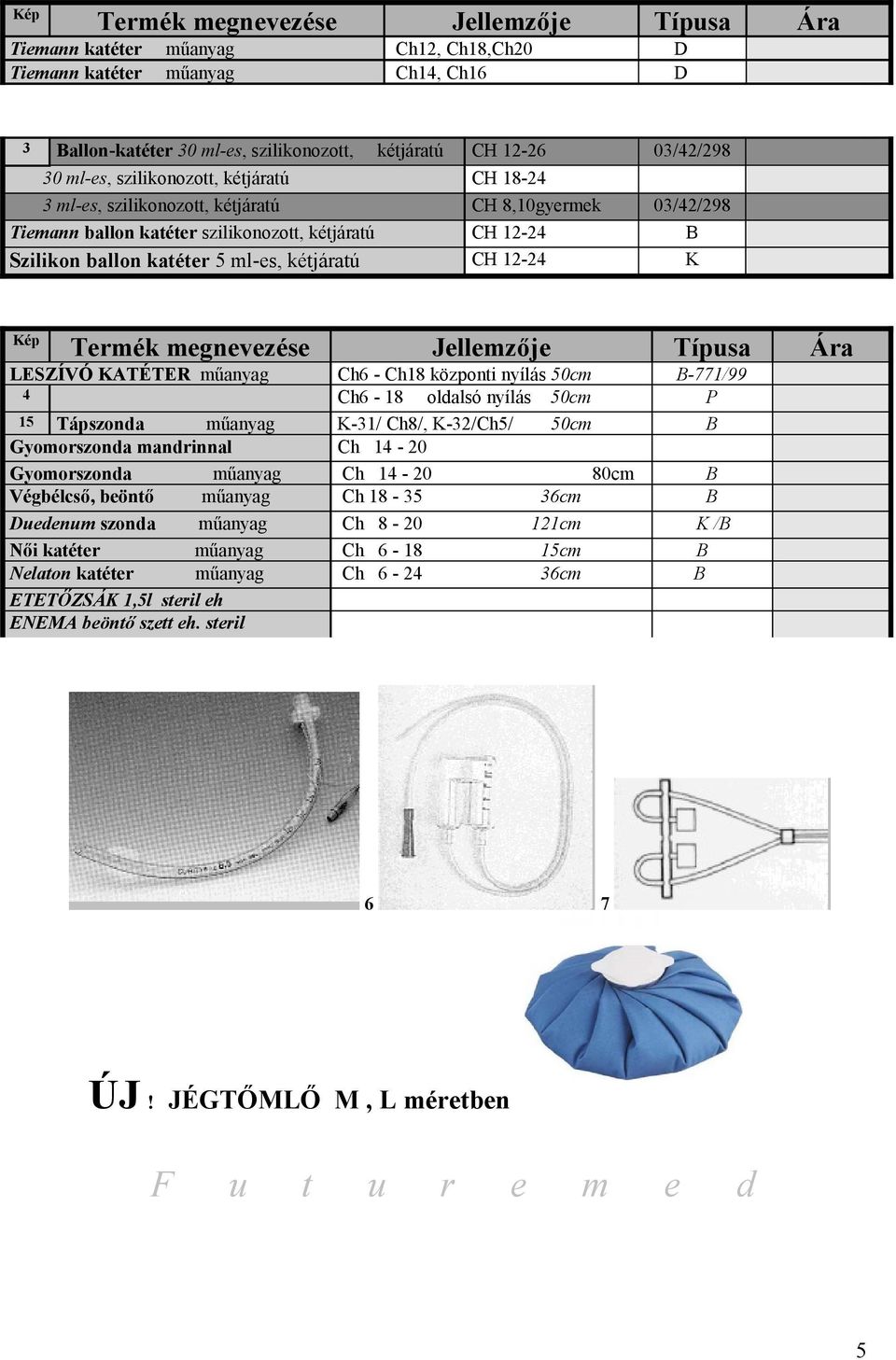 kétjáratú CH 12-24 K Kép Termék megnevezése Jellemzője Típusa Ára LESZÍVÓ KATÉTER műanyag Ch6 - Ch18 központi nyílás 50cm B-771/99 4 Ch6-18 oldalsó nyílás 50cm 15 Tápszonda műanyag K-31/ Ch8/,
