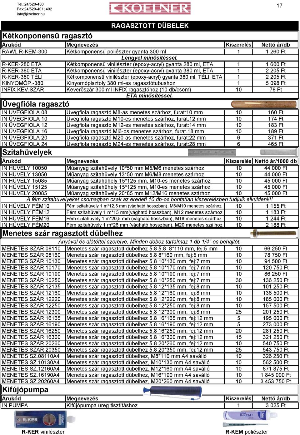 vinilészter (epoxy-acryl) gyanta 380 ml, TÉLI, ETA 1 2 205 Ft KINYOMÓP.-380 Kinyomópisztoly 380 ml-es ragasztótubushoz 1 5 098 Ft INFIX KEV.