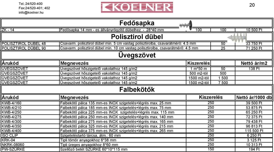 5 mm 25 71 250 Ft Üvegszövet Árukód Megnevezés Kiszerelés Nettó ár/m2 ÜVEGSZÖVET Üvegszövet hõszigetelõ vakolathoz 145 g/m2 1 m*50 m 50 138 Ft ÜVEGSZÖVET Üvegszövet hõszigetelõ vakolathoz 145 g/m2