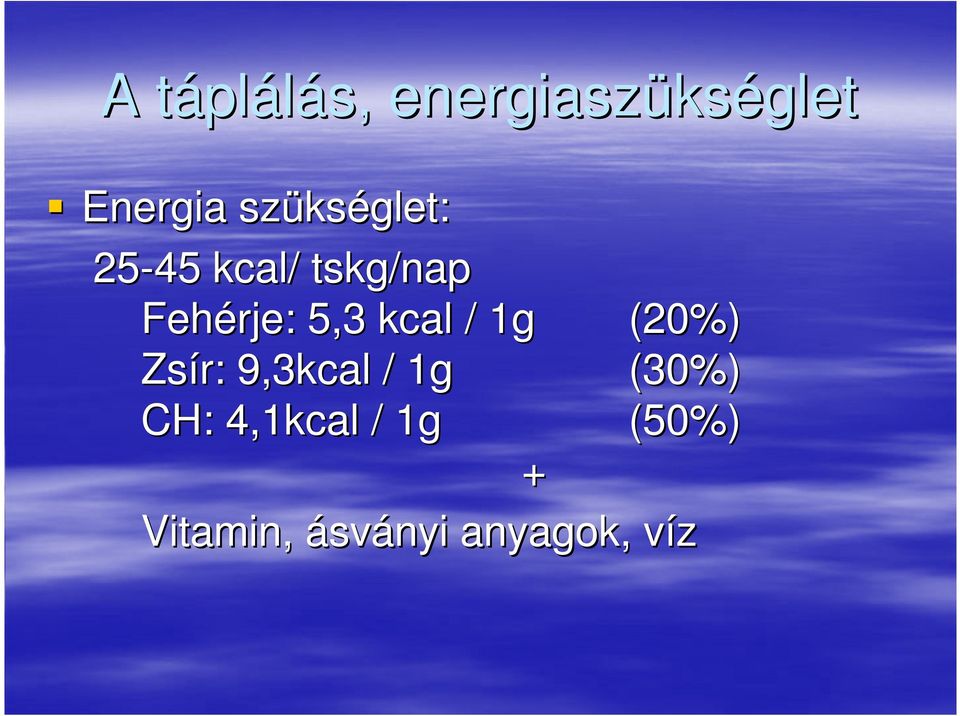 5,3 kcal / 1g (20%) Zsír: 9,3kcal / 1g (30%)