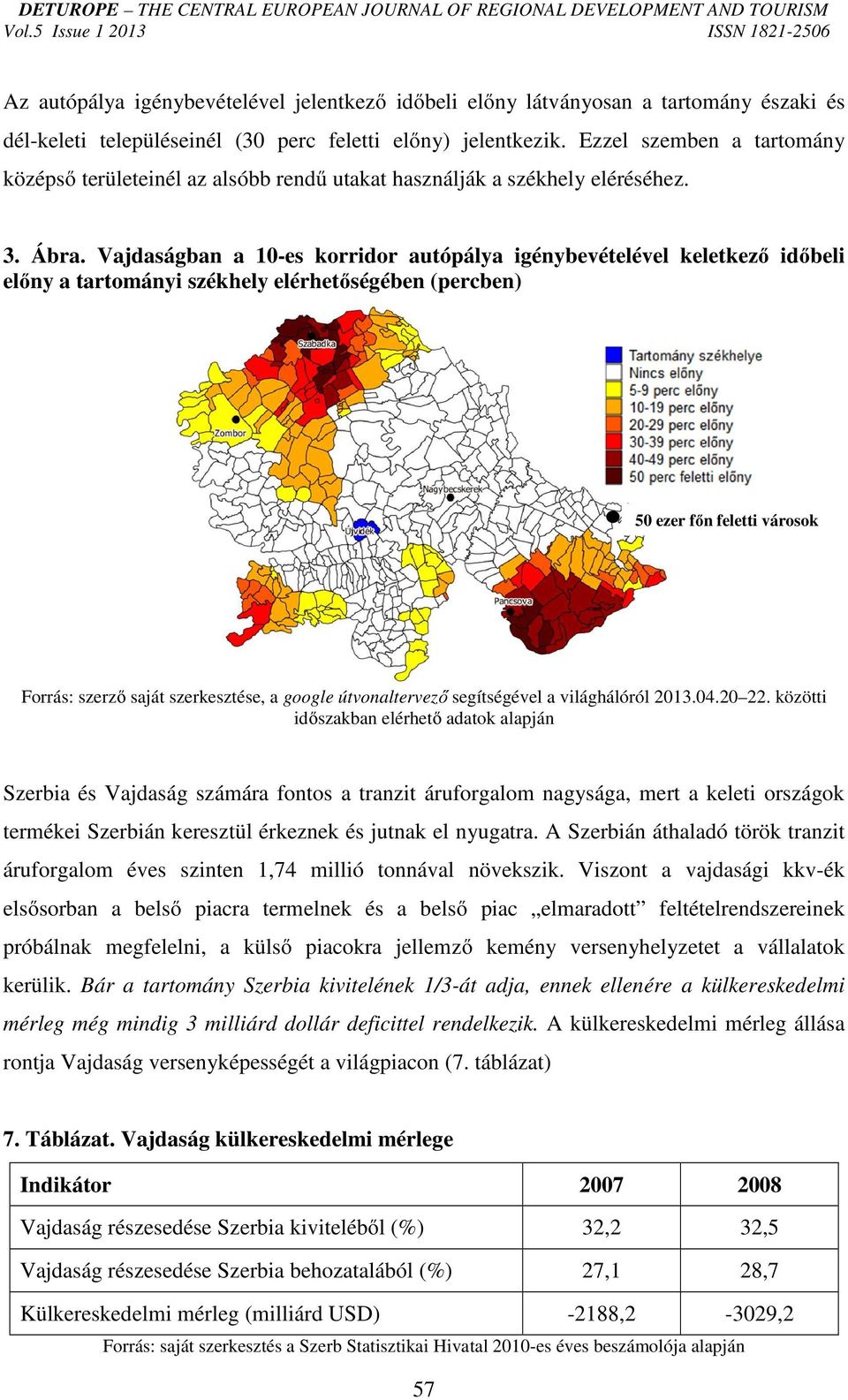 Vajdaságban a 10-es korridor autópálya igénybevételével keletkező időbeli előny a tartományi székhely elérhetőségében (percben) 50 ezer főn feletti városok Forrás: szerző saját szerkesztése, a google