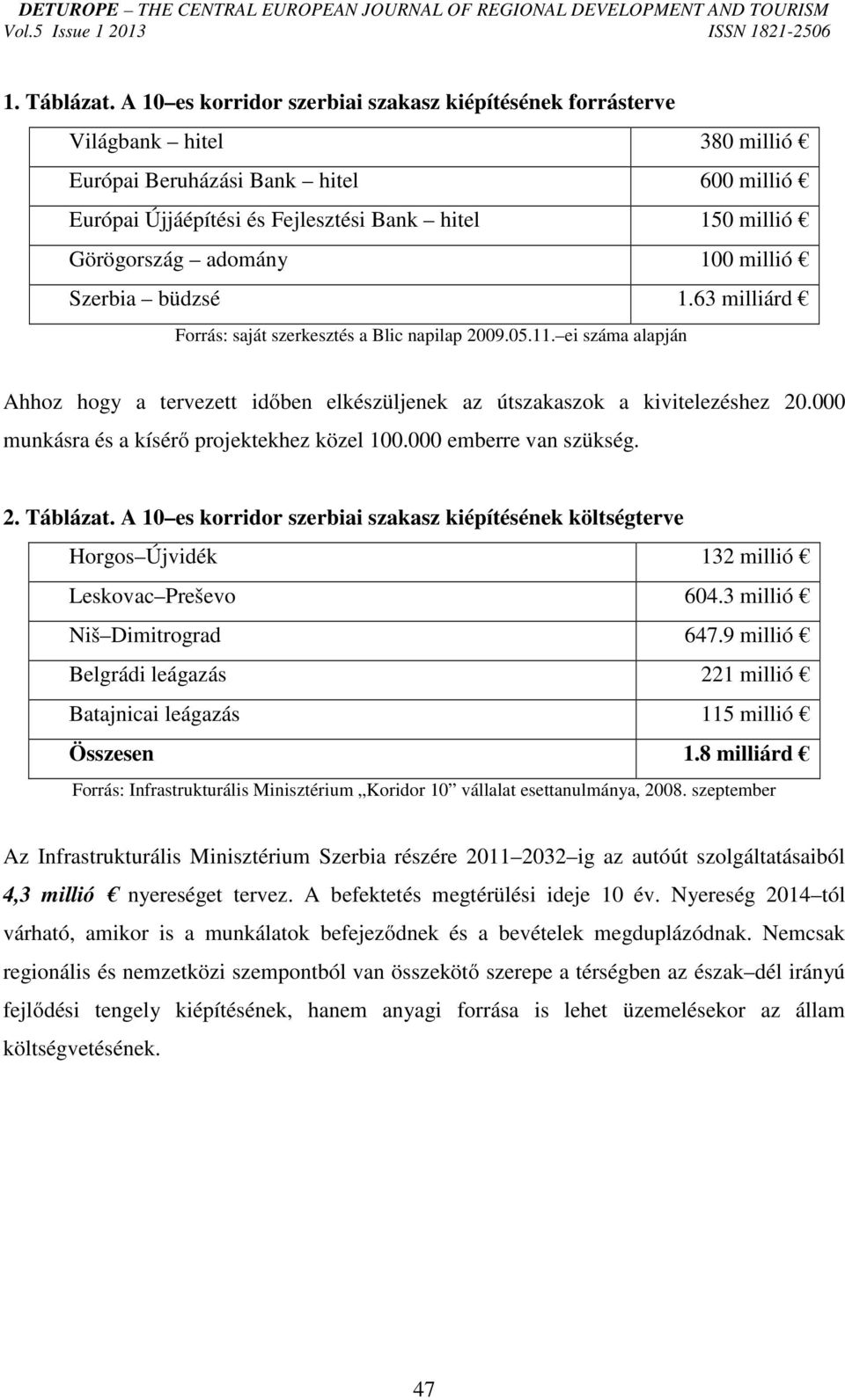 adomány 100 millió Szerbia büdzsé 1.63 milliárd Forrás: saját szerkesztés a Blic napilap 2009.05.11. ei száma alapján Ahhoz hogy a tervezett időben elkészüljenek az útszakaszok a kivitelezéshez 20.