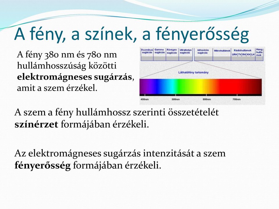 A szem a fény hullámhossz szerinti összetételét színérzet formájában