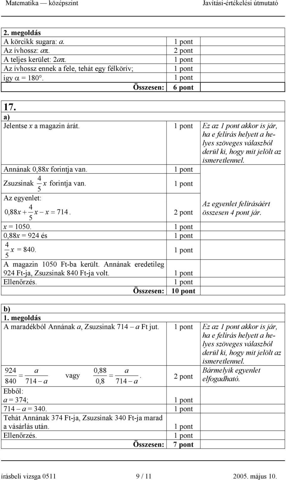 5 x = 1050. 0,88x = 94 és 4 x = 840. 5 A magazin 1050 Ft-ba került. Annának eredetileg 94 Ft-ja, Zsuzsinak 840 Ft-ja volt. Ellenőrzés. 10 pont ismeretlennel.