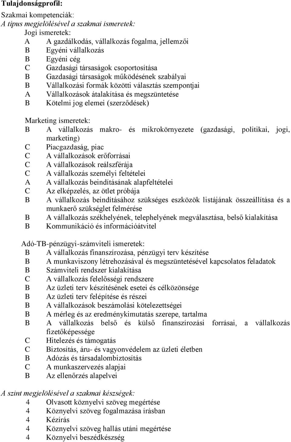 (szerződések) Marketing ismeretek: B A vállalkozás makro- és mikrokörnyezete (gazdasági, politikai, jogi, marketing) C Piacgazdaság, piac C A vállalkozások erőforrásai C A vállalkozások reálszférája