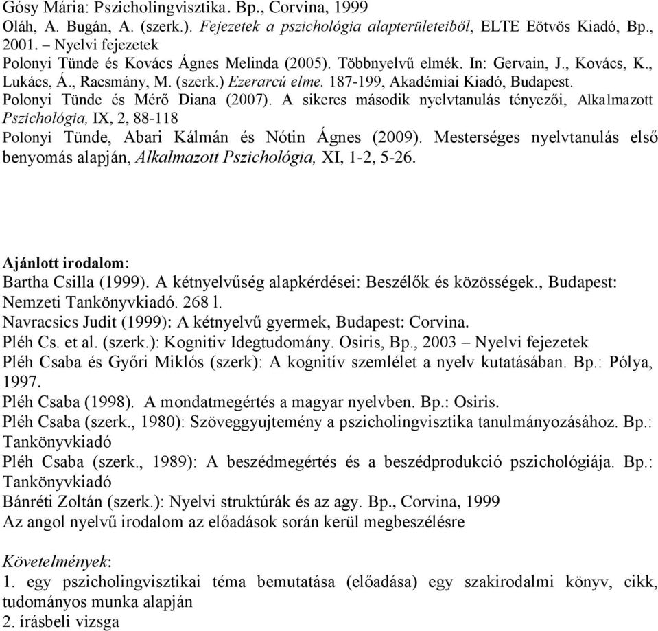 Polonyi Tünde és Mérő Diana (2007). A sikeres második nyelvtanulás tényezői, Alkalmazott Pszichológia, IX, 2, 88-118 Polonyi Tünde, Abari Kálmán és Nótin Ágnes (2009).