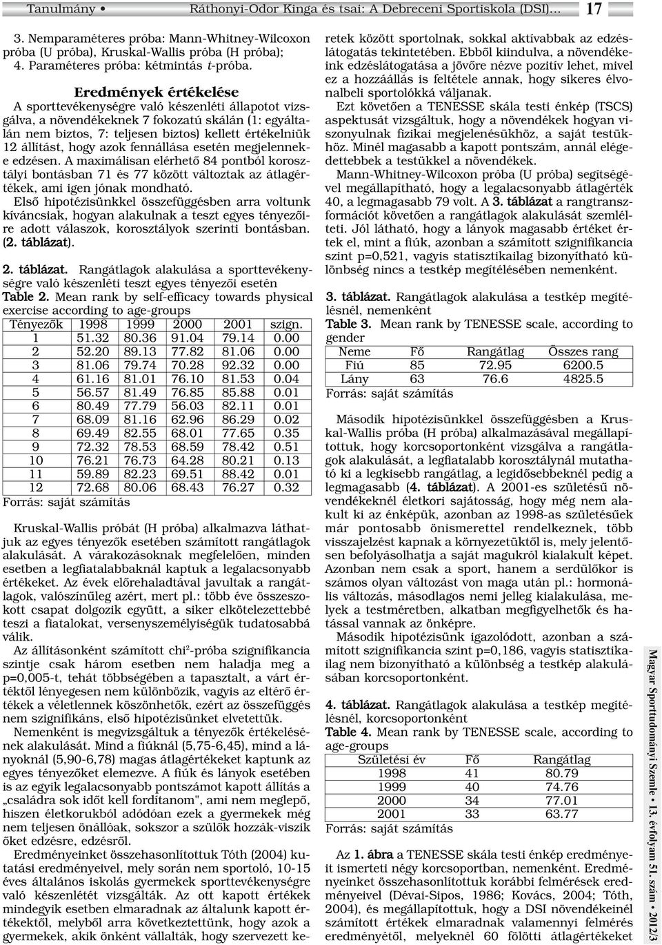 Eredmények értékelése A sporttevékenységre való készenléti állapotot vizsgálva, a növendékeknek 7 fokozatú skálán (1: egyáltalán nem biztos, 7: teljesen biztos) kellett értékelniük 12 állítást, hogy