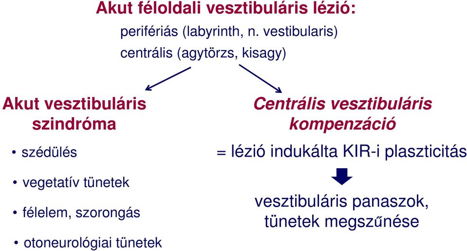 szédülés vegetatív tünetek félelem, szorongás otoneurológiai tünetek Centrális