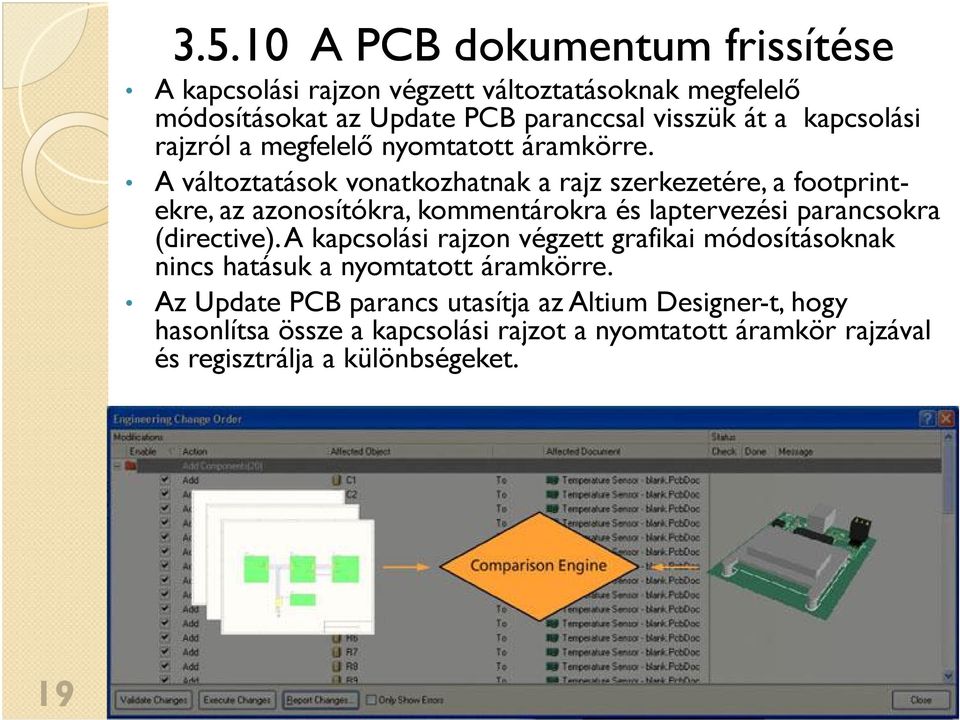 A változtatások vonatkozhatnak a rajz szerkezetére, a footprintekre, az azonosítókra, kommentárokra és laptervezési parancsokra (directive).