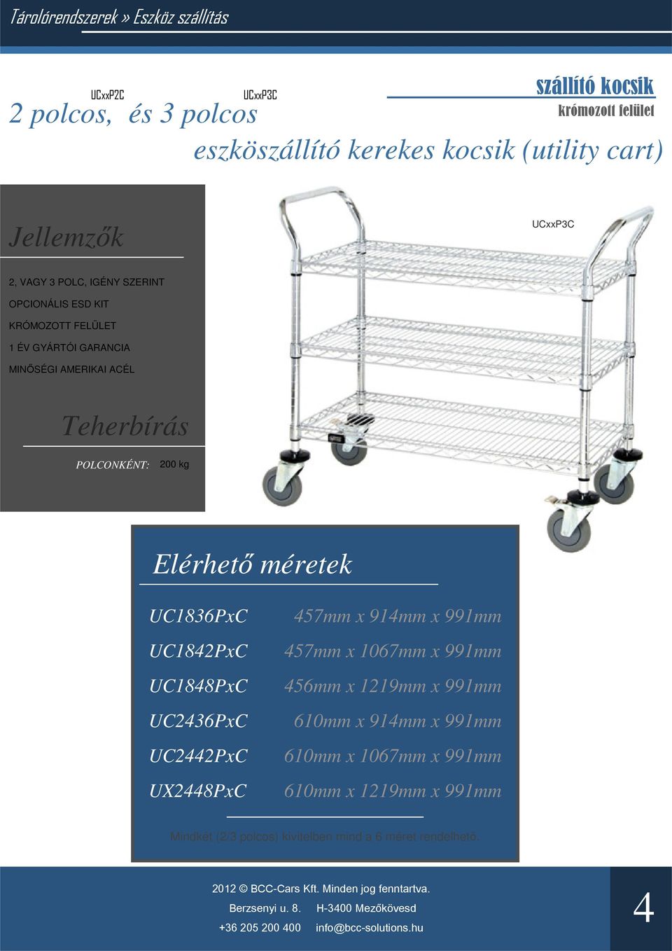 Teherbírás POLCONKÉNT: 200 kg UC1836PxC UC1842PxC UC1848PxC UC2436PxC UC2442PxC UX2448PxC 457mm x 914mm x 991mm 457mm x 1067mm x 991mm