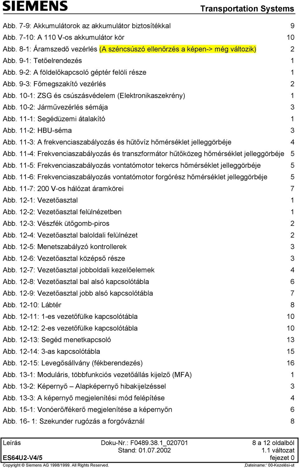 10-2: Járművezérlés sémája 3 Abb. 11-1: Segédüzemi átalakító 1 Abb. 11-2: HBU-séma 3 Abb. 11-3: A frekvenciaszabályozás és hűtővíz hőmérséklet jelleggörbéje 4 Abb.