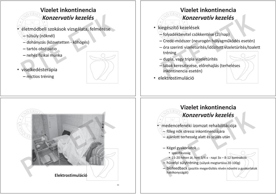 vizeletürítés/toalett tréning dupla, vagy tripla vizeletürítés lábak keresztezése, el rehajlás (terheléses inkontinencia esetén) elektrostimuláció Vizelet inkontinencia Konzervatív kezelés