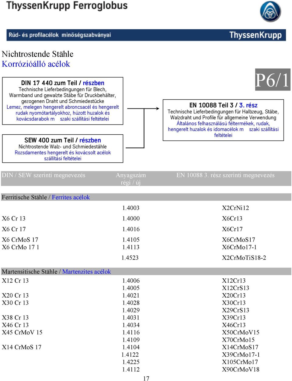 és kovácsolt acélok szállítási feltételei P6/1 EN 10088 Teil 3 / 3.