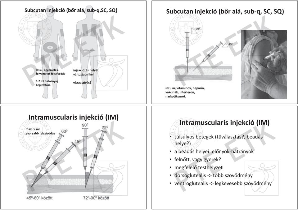 inzulin, vitaminok, heparin, vakcinák, interferon, narkotikumok Intramuscularis injekció (IM) max.