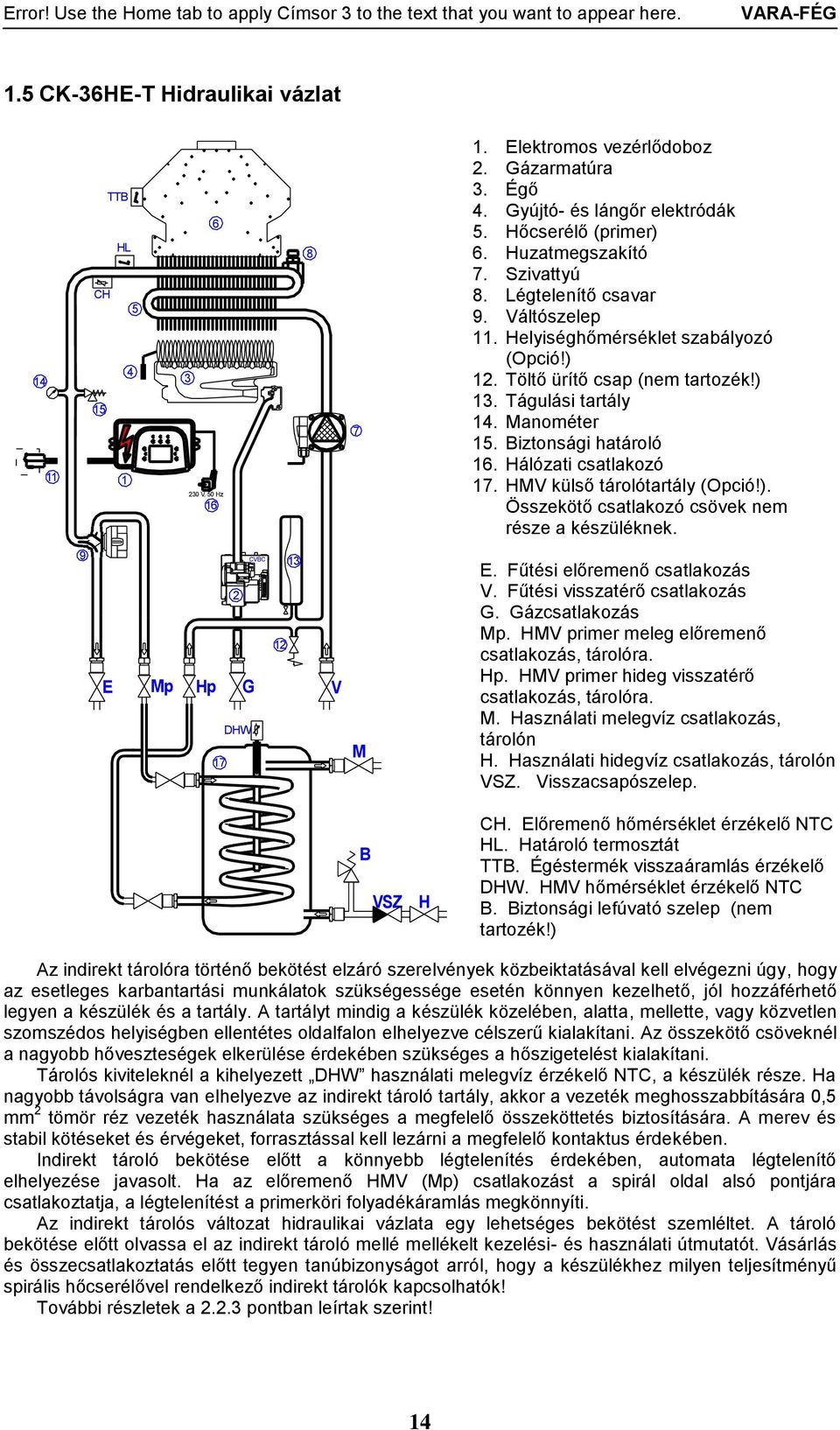 Biztonsági határoló 16. Hálózati csatlakozó 17. HMV külső tárolótartály (Opció!). Összekötő csatlakozó csövek nem része a készüléknek. 9 E Mp Hp G V 17 2 DHW CVBC 12 13 M E.