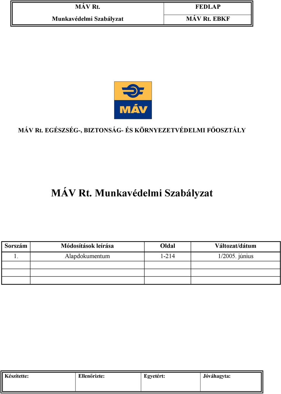 Munkavédelmi Szabályzat Sorszám Módosítások leírása Oldal