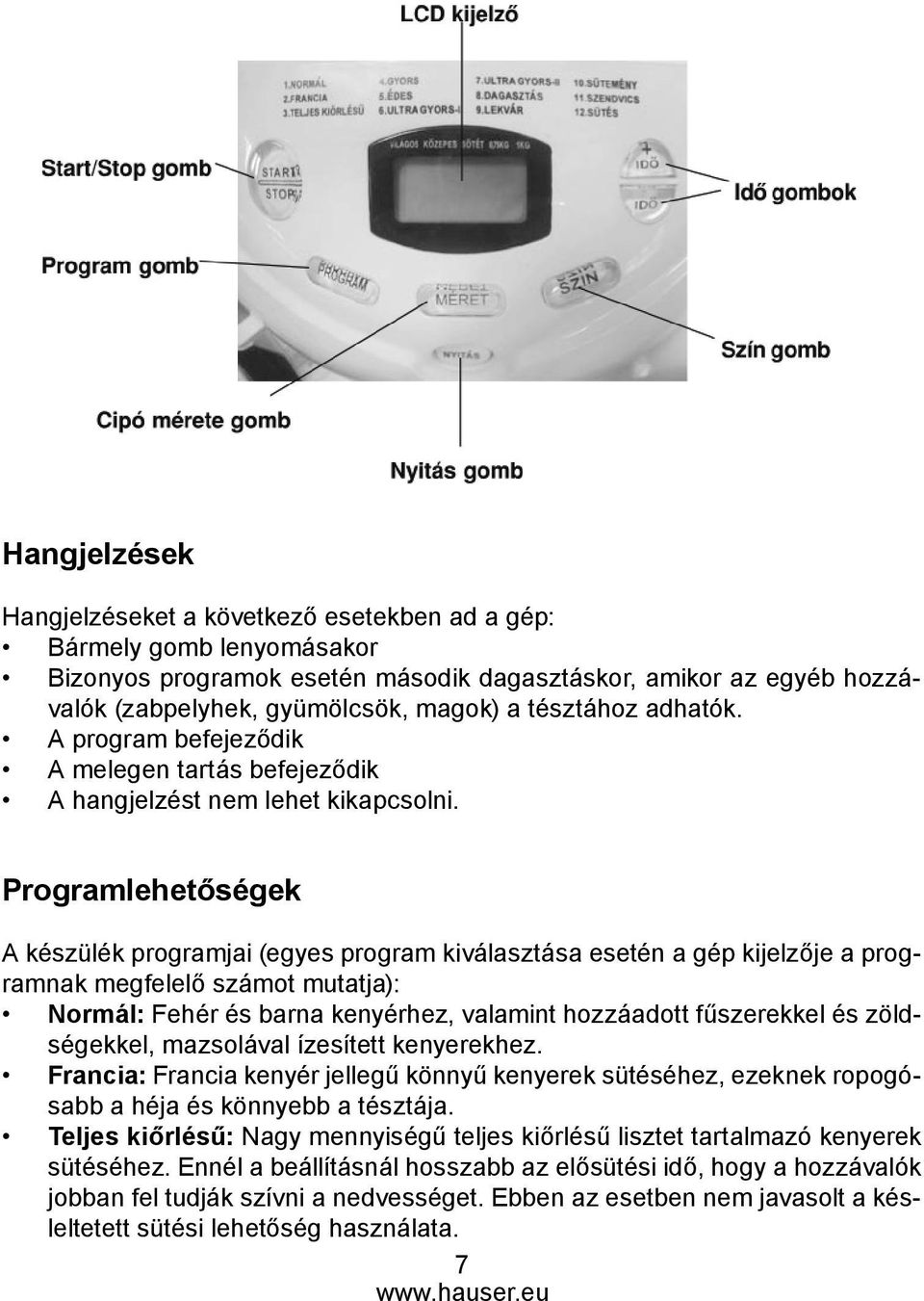 Programlehetőségek A készülék programjai (egyes program kiválasztása esetén a gép kijelzője a programnak megfelelő számot mutatja): Normál: Fehér és barna kenyérhez, valamint hozzáadott fűszerekkel