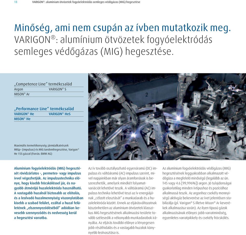 Competence Line termékcsalád Argon VARIGON S MISON Ar Performance Line termékcsalád VARIGON He VARIGON HeS MISON He Maximális termelékenység: járműalkatrészek MIGp- (impulzus) és MIG
