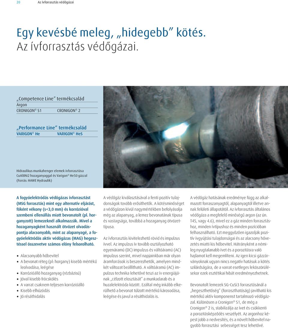 Competence Line termékcsalád Argon CRONIGON S1 CRONIGON 2 Performance Line termékcsalád VARIGON He VARIGON HeS Hidraulikus munkahenger elemek ívforrasztása CuAl8Ni2 hozaganyaggal és Varigon He50