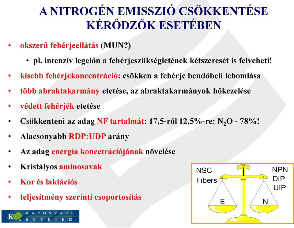 kisebb fehérjekoncentráció: csökken a fehérje bendőbeli lebomlása több abraktakarmány etetése, az abraktakarmányok hőkezelése