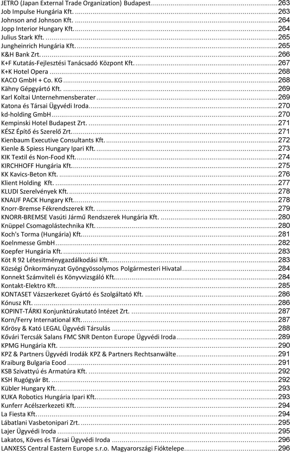... 269 Karl Koltai Unternehmensberater... 269 Katona és Társai Ügyvédi Iroda... 270 kd holding GmbH... 270 Kempinski Hotel Budapest Zrt.... 271 KÉSZ Építő és Szerelő Zrt.