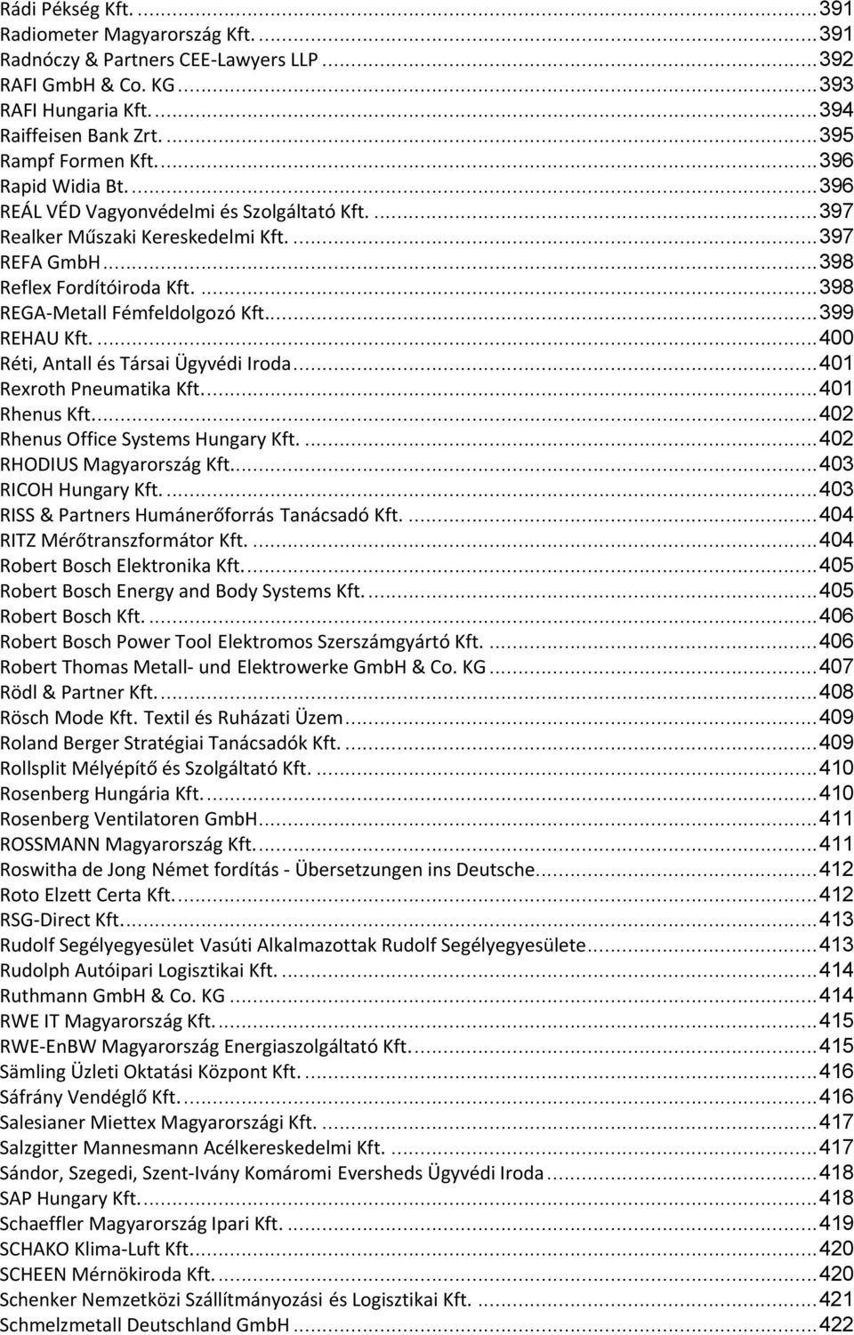.. 399 REHAU Kft.... 400 Réti, Antall és Társai Ügyvédi Iroda... 401 Rexroth Pneumatika Kft.... 401 Rhenus Kft.... 402 Rhenus Office Systems Hungary Kft.... 402 RHODIUS Magyarország Kft.