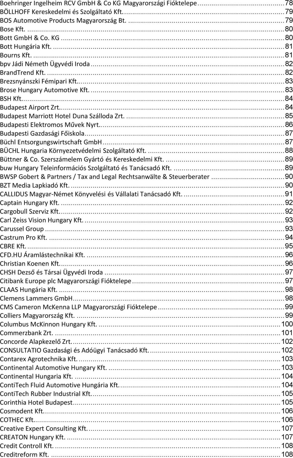 ... 84 Budapest Marriott Hotel Duna Szálloda Zrt.... 85 Budapesti Elektromos Művek Nyrt... 86 Budapesti Gazdasági Főiskola... 87 Büchl Entsorgungswirtschaft GmbH.