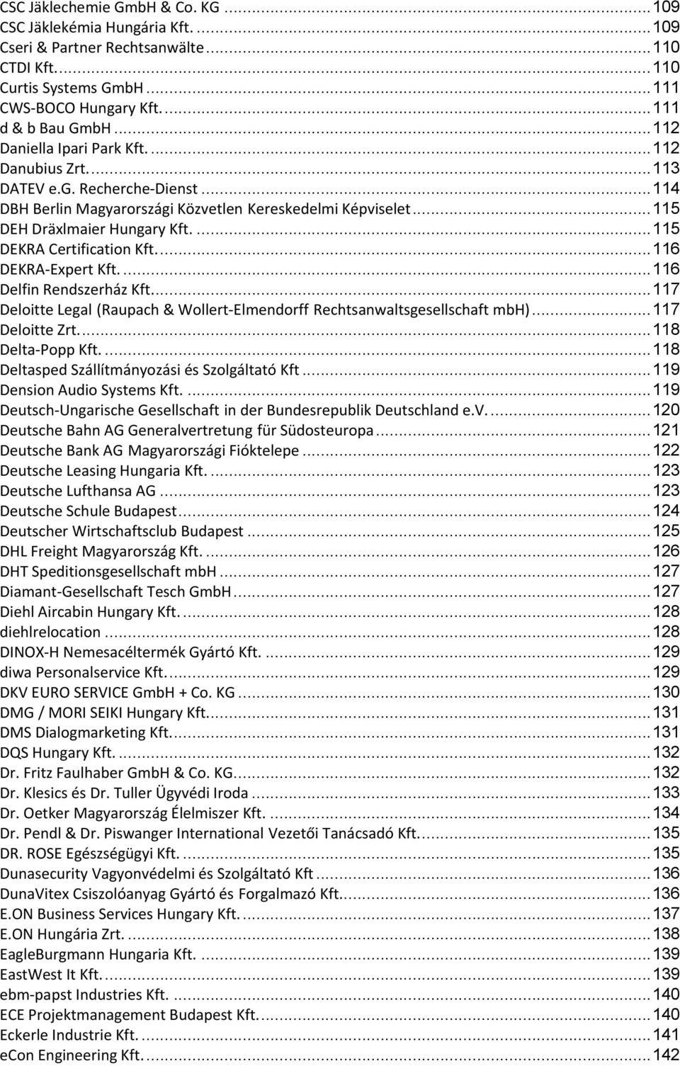 ... 115 DEKRA Certification Kft.... 116 DEKRA Expert Kft.... 116 Delfin Rendszerház Kft.... 117 Deloitte Legal (Raupach & Wollert Elmendorff Rechtsanwaltsgesellschaft mbh)... 117 Deloitte Zrt.