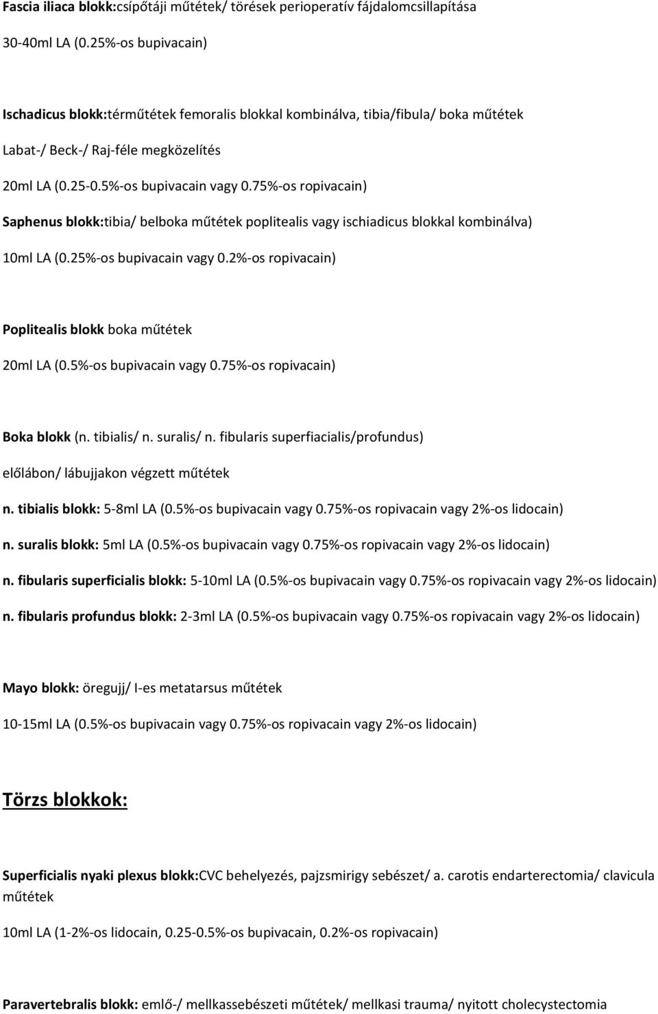 75%-os ropivacain) Saphenus blokk:tibia/ belboka műtétek poplitealis vagy ischiadicus blokkal kombinálva) 10ml LA (0.25%-os bupivacain vagy 0.