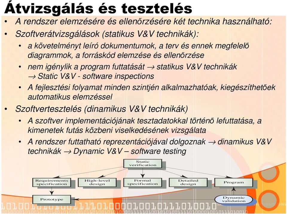 kiegészíthetőek automatikus elemzéssel Szoftvertesztelés (dinamikus V&V technikák) A szoftver implementációjának tesztadatokkal történő lefuttatása, a kimenetek futás közbeni viselkedésének