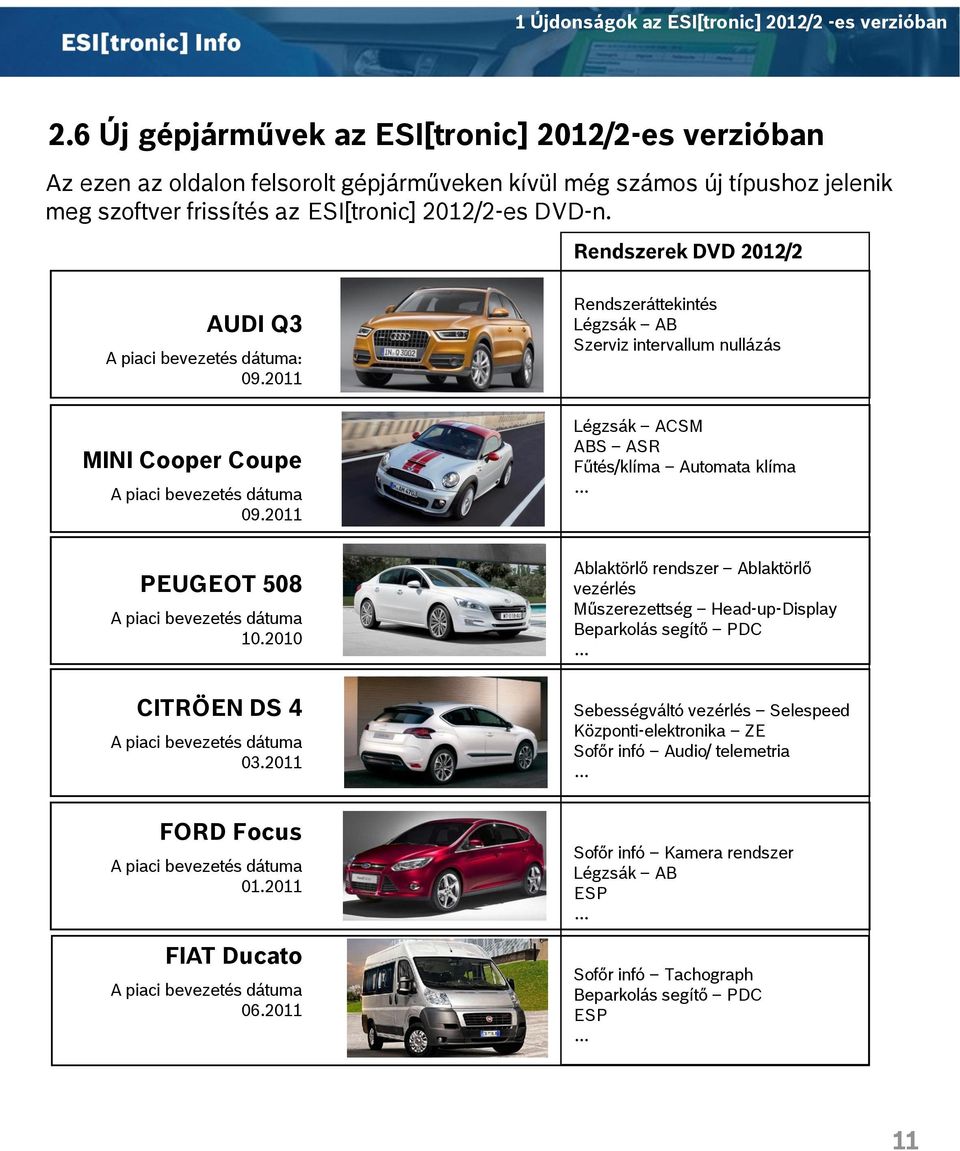 Rendszerek DVD 2012/2 AUDI Q3 A piaci bevezetés dátuma: 09.2011 MINI Cooper Coupe A piaci bevezetés dátuma 09.2011 PEUGEOT 508 A piaci bevezetés dátuma 10.