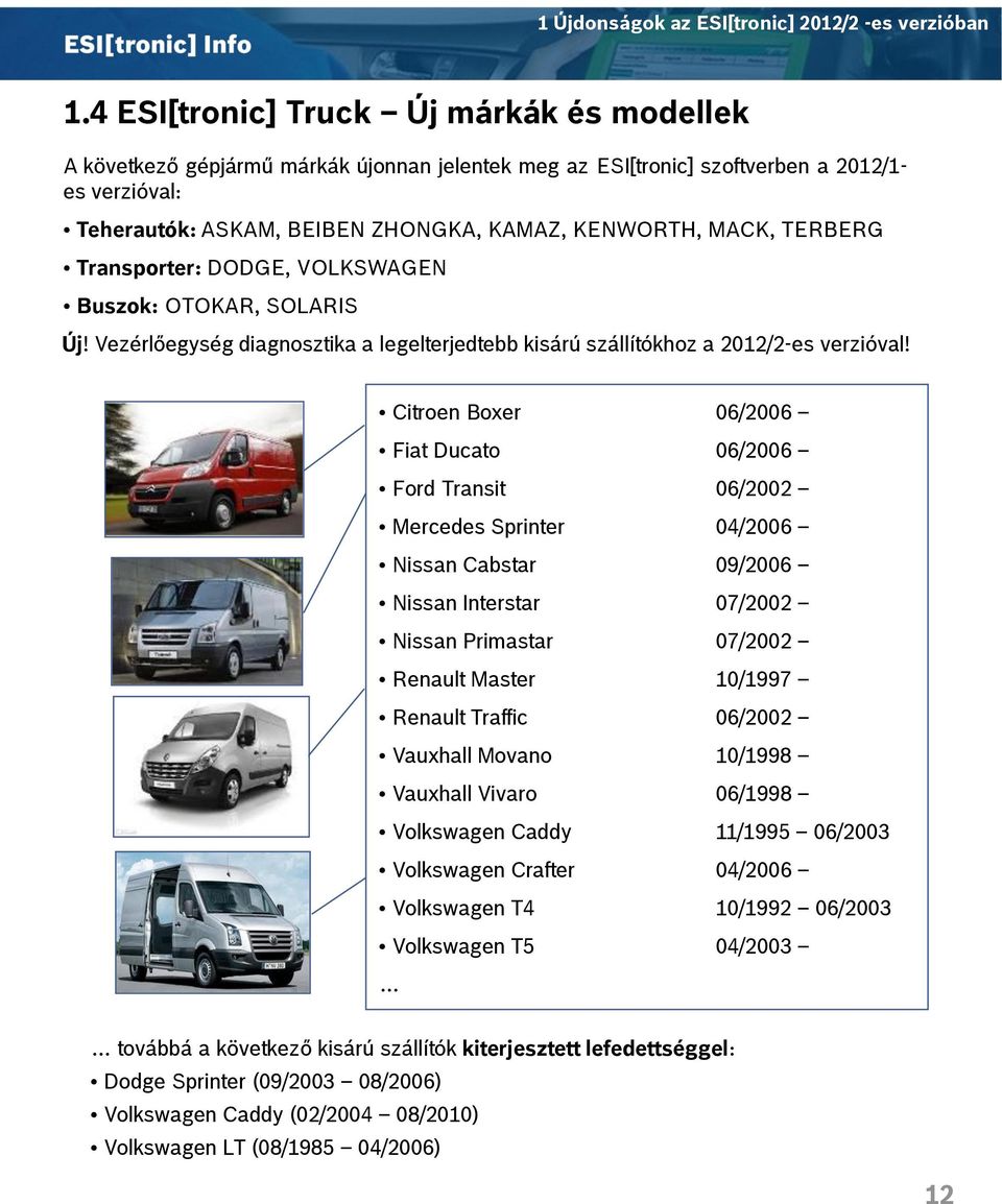 TERBERG Transporter: DODGE, VOLKSWAGEN Buszok: OTOKAR, SOLARIS Új! Vezérlőegység diagnosztika a legelterjedtebb kisárú szállítókhoz a 2012/2-es verzióval!