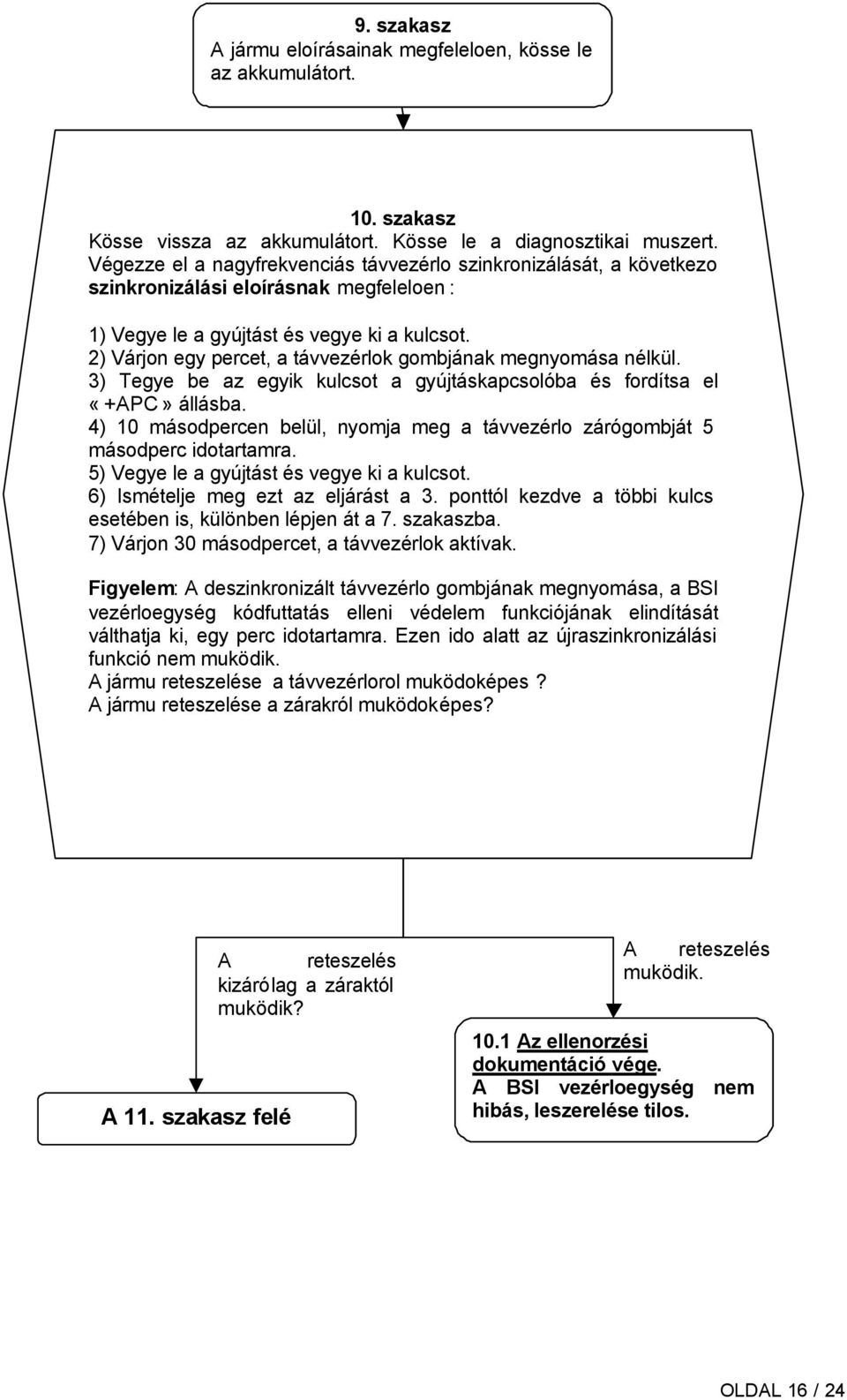 2) Várjon egy percet, a távvezérlok gombjának megnyomása nélkül. 3) Tegye be az egyik kulcsot a gyújtáskapcsolóba és fordítsa el «+APC» állásba.