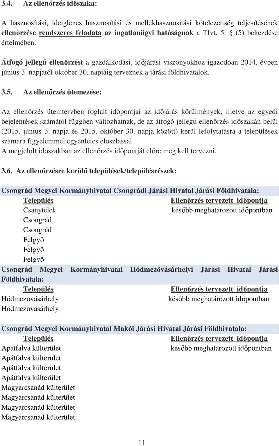 ellenőrzés ütemezése: Az ellenőrzés ütemtervben foglalt időpontjai az időjárás körülmények, illetve az egyedi bejelentések számától függően változhatnak, de az átfogó jellegű ellenőrzés időszakán