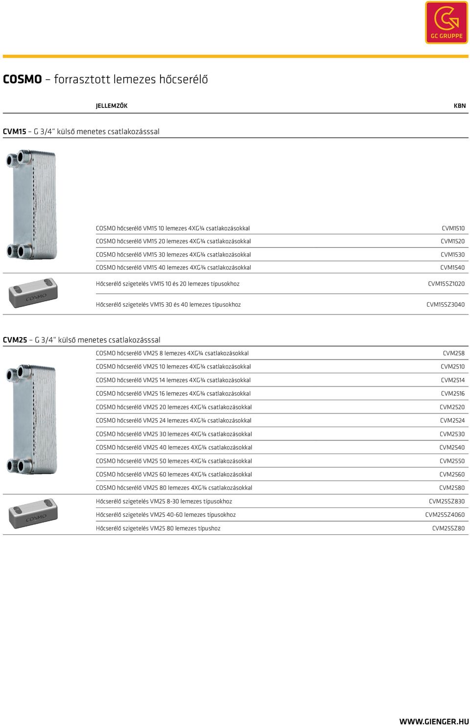 Hőcserélő szigetelés VM15 30 és 40 lemezes típusokhoz CVM15SZ3040 CVM25 G 3/4 külső menetes csatlakozásssal COSMO hőcserélő VM25 8 lemezes 4XG¾ csatlakozásokkal COSMO hőcserélő VM25 10 lemezes 4XG¾
