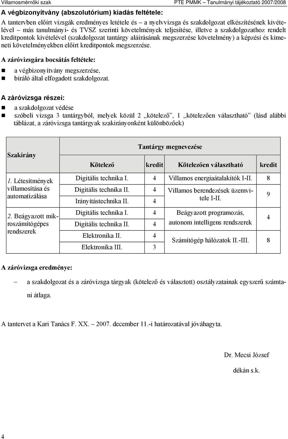 követelmény) a képzési és kimeneti követelményekben előírt kreditpontok megszerzése. A záróvizsgára bocsátás feltétele: a végbizonyítvány megszerzése, bíráló által elfogadott szakdolgozat.