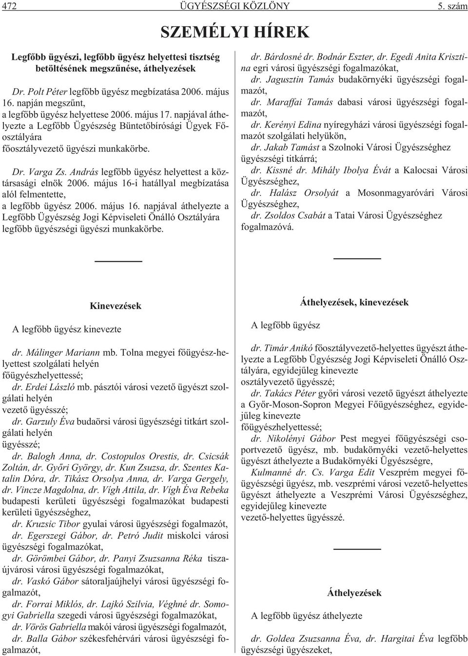 András legfõbb ügyész helyettest a köztársasági elnök 2006. május 16-i hatállyal megbízatása alól felmentette, a legfõbb ügyész 2006. május 16. napjával áthelyezte a Legfõbb Ügyészség Jogi Képviseleti Önálló Osztályára legfõbb ügyészségi ügyészi munkakörbe.