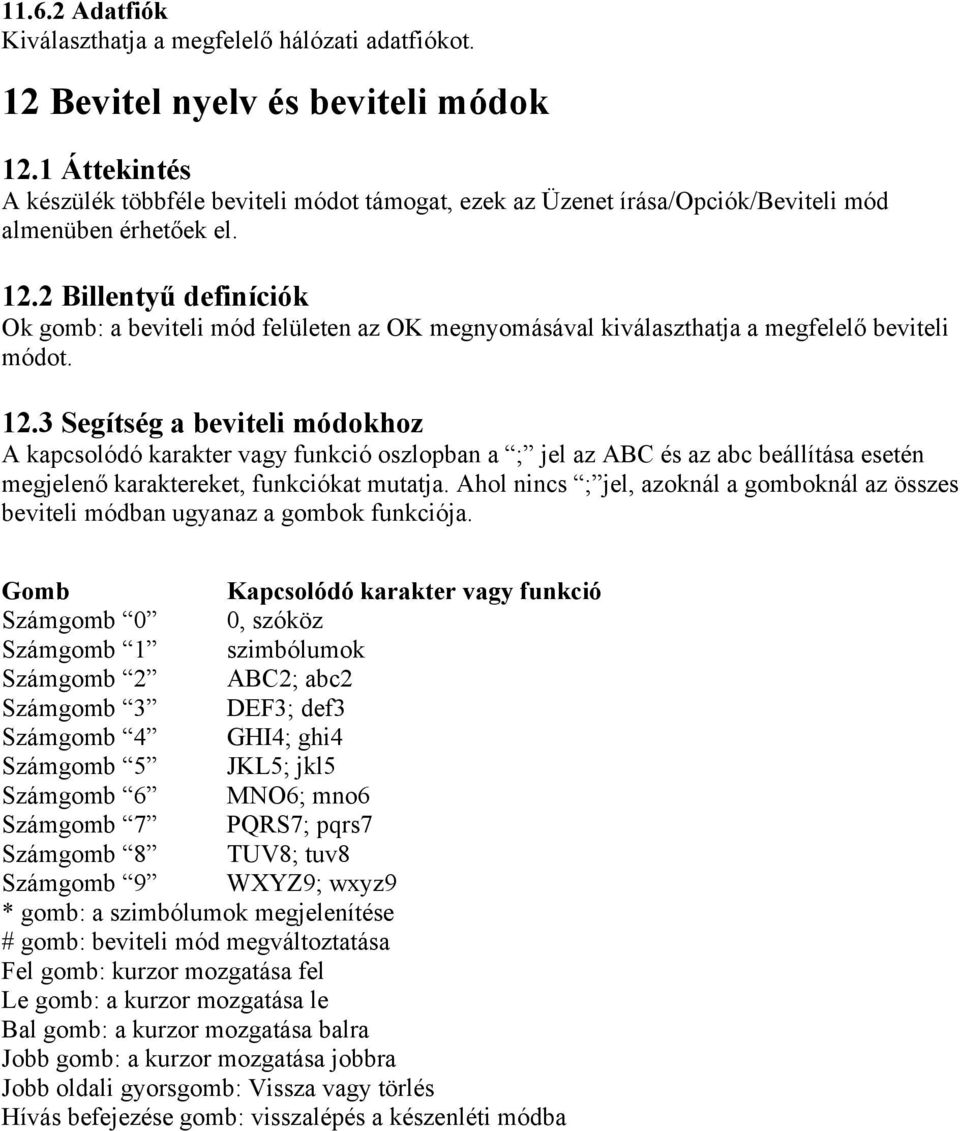 2 Billentyű definíciók Ok gomb: a beviteli mód felületen az OK megnyomásával kiválaszthatja a megfelelő beviteli módot. 12.