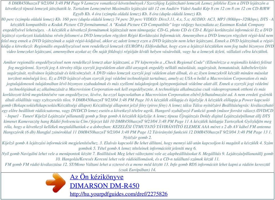 80 perc (szimpla oldalú lemez) Kb. 160 perc (dupla oldalú lemez) 74 perc 20 perc VIDEO: Divx3.11, 4.x, 5.