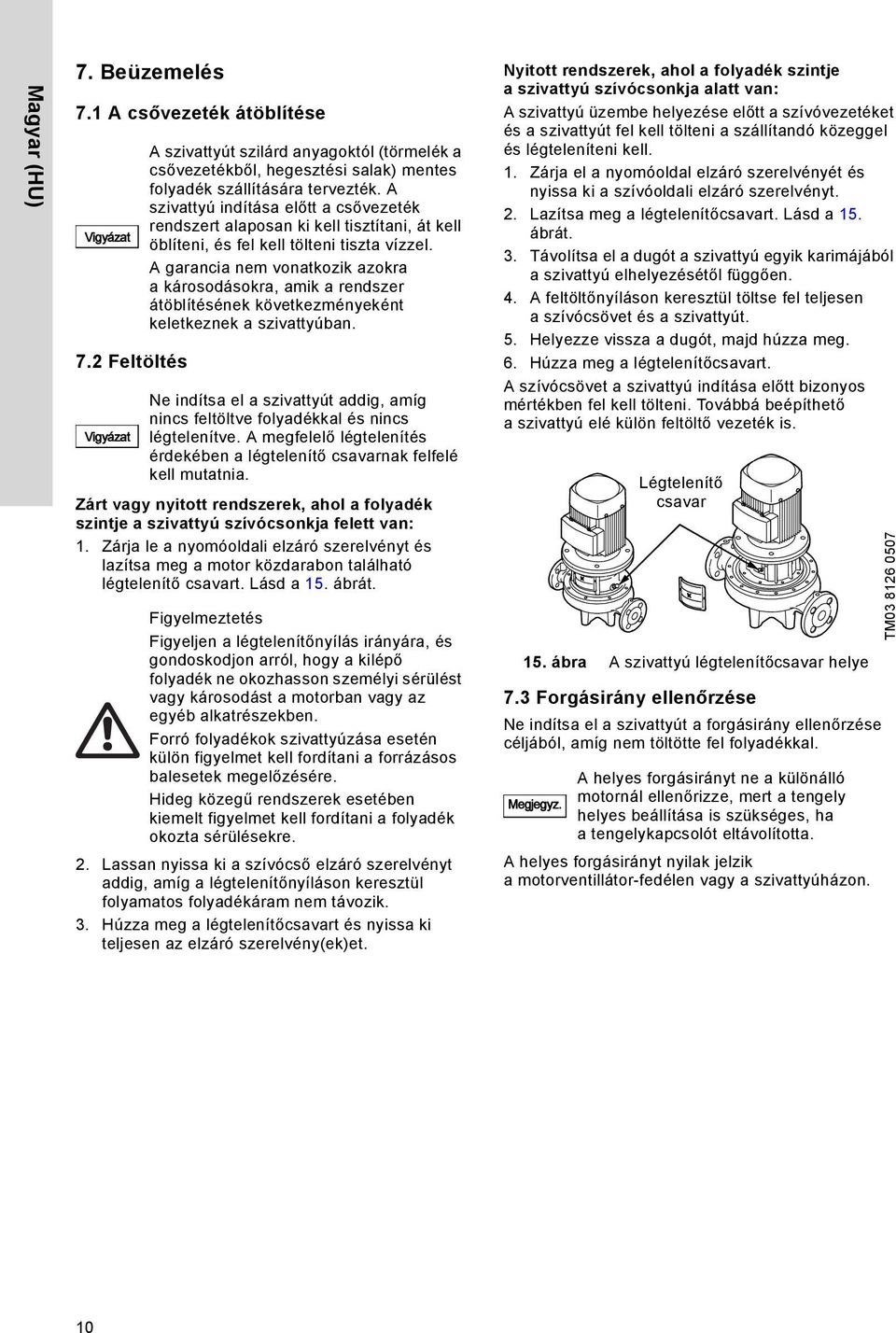 A szivattyú indítása előtt a csővezeték rendszert alaposan ki kell tisztítani, át kell öblíteni, és fel kell tölteni tiszta vízzel.