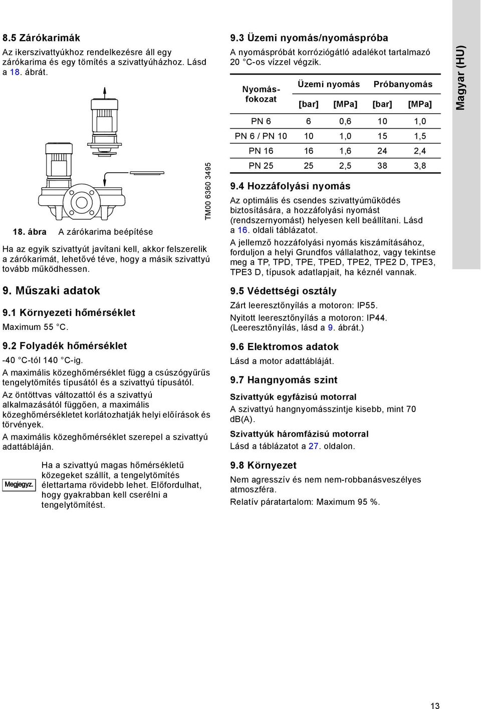 1 Környezeti hőmérséklet Maximum 55 C. 9.2 Folyadék hőmérséklet -40 C-tól 140 C-ig. A maximális közeghőmérséklet függ a csúszógyűrűs tengelytömítés típusától és a szivattyú típusától.